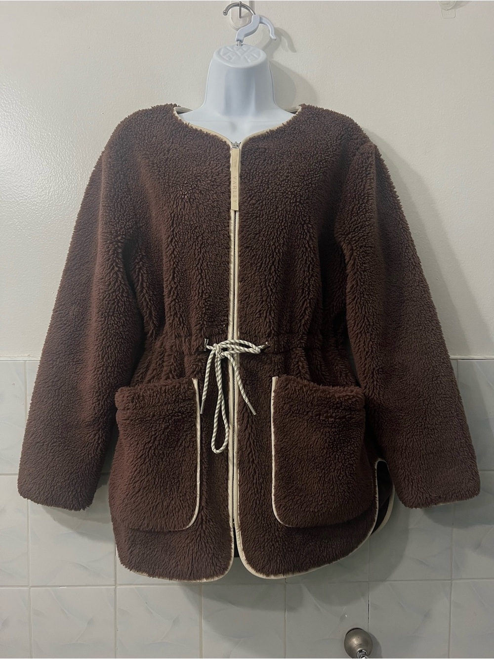 Varley Angelina Sherpa Teddy Fleece Coat Jacket Brown S Quiet Luxury Lounge Cozy